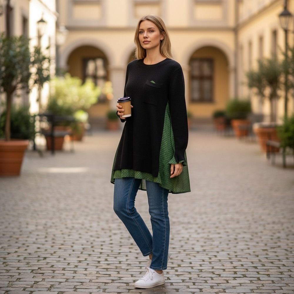 CAbi Get Together Sweater 3520 Black Green Mixed Media Chiffon Back L